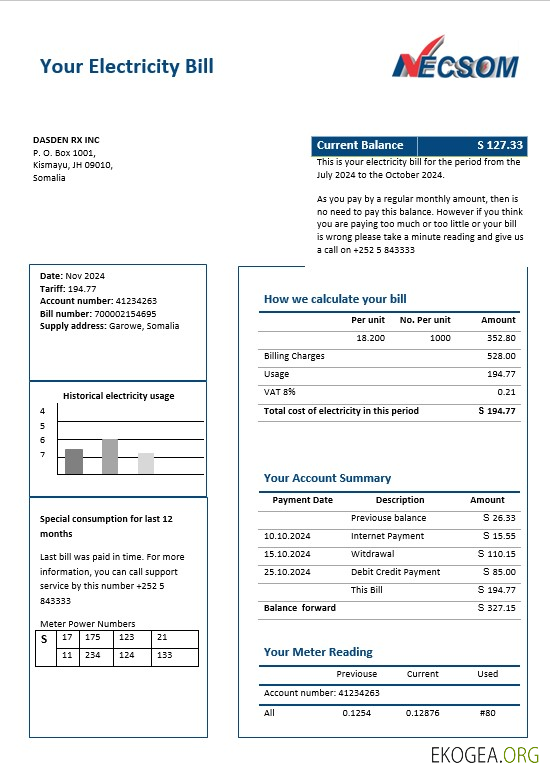 Modèle de facture de services publics d'électricité de la société NESCOM de Somalie aux formats Word et PDF